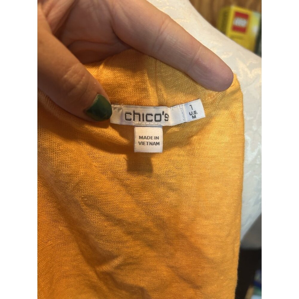 Chico's Orange Tropical 100% Linen Top Cold Shoulder Knit Stretch Sz 1 (M) - Picture 7 of 9